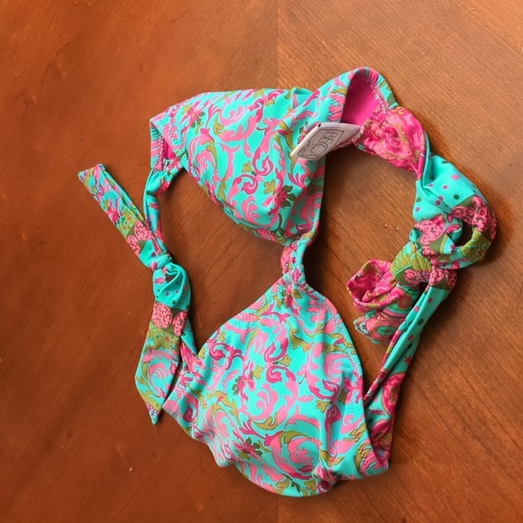BECCA Halter Bikini Top.Teal pink floral print Size D - Picture 4 of 8